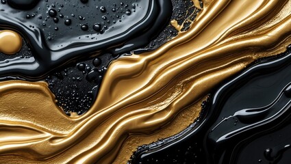 Aufkleber - Fluid metallic paint textures in gold and black creating an elegant artistic background ideal for modern design projects and creative applications.