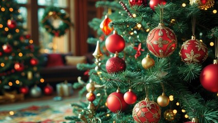 Poster - Christmas tree adorned with vibrant red and gold ornaments creating a festive holiday atmosphere in a cozy living room setting.