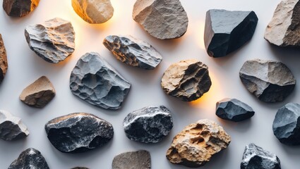 Poster - Variety of textured rock stones arranged on a white background illuminated by warm light creating a natural and inviting aesthetic.