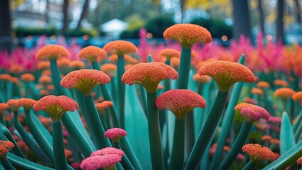 Wall Mural - Vibrant close-up of Pilea Muscosa with orange-topped flowers in a lush public garden showcasing nature's beauty and color diversity.