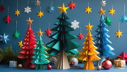 Poster - Colorful handmade paper Christmas trees and decorations for festive holiday arrangements on a vibrant background.