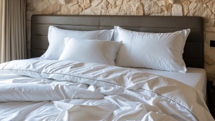 Aufkleber - Luxury white bedding with fluffy pillows on a modern bed against a natural stone wall, ideal for hotel or home interior photography.
