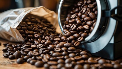 Aufkleber - Freshly roasted coffee beans spilling from a bag into a grinder on a rustic wooden table with blurred background. Artisan coffee preparation scene.