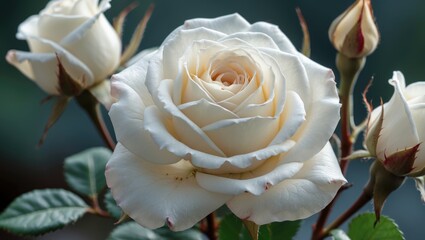 Aufkleber - Closeup of a delicate white rose showcasing its intricate petals and lush green leaves against a blurred background.