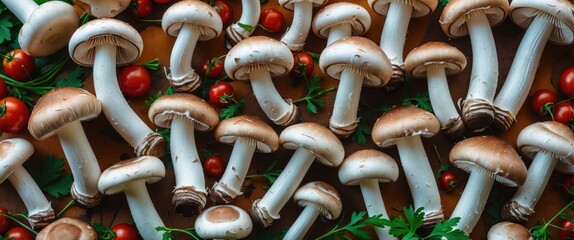 Wall Mural - Fresh white champignon mushrooms arranged with cherry tomatoes and parsley, creating a vibrant natural food arrangement.