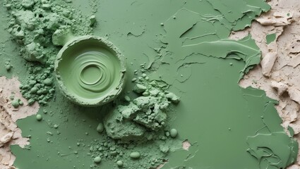Aufkleber - Textured green plaster with paint spills and a circular container, showcasing a creative background of layered materials.