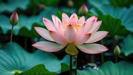 Aufkleber - Close up of vibrant pink lotus flower blooming atop lush green leaves in serene water garden setting.
