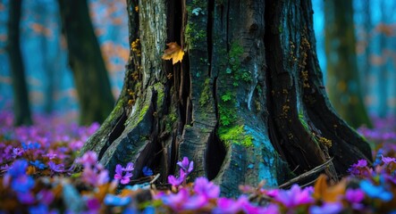 Aufkleber - Detailed close-up of an old tree stump surrounded by vibrant purple flowers in a serene forest setting showcasing nature's textures.