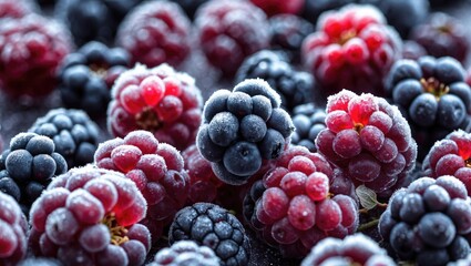 Aufkleber - Frosted blackberries and raspberries close up showcasing intricate details and vibrant colors in a frozen fruit background.