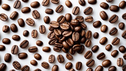 Aufkleber - Coffee beans scattered on white background creating a rich texture suitable for coffee themed design with ample space for text inclusion.