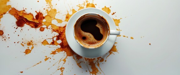 Poster - Coffee cup with rich dark brew surrounded by artistic splashes on a clean white surface capturing the essence of a coffee moment.