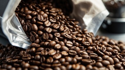 Poster - Coffee beans spilling from a bag with selective focus ready for grinding in a kitchen setting capturing the essence of coffee preparation.