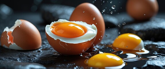Poster - Freshly cracked eggs with vibrant yolks on a dark stone surface creating an appetizing culinary scene with droplets of water.