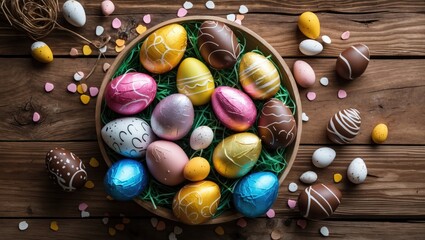 Aufkleber - Colorful decorated chocolate Easter eggs arranged in a wooden bowl on a rustic background with scattered pastel confetti.