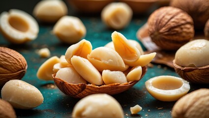 Aufkleber - Close up of peeled macadamia nuts arranged on a textured surface with whole nuts in the background creating an inviting snack scene.