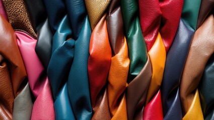 Aufkleber - Vibrant assortment of upholstery leather in various colors and textures arranged artistically for interior design or fashion backgrounds.