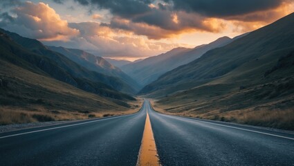 Aufkleber - Serene mountain road at sunset with dramatic clouds and rich colors highlighting the asphalt stretching into the distance amidst nature.