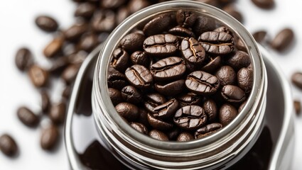 Aufkleber - Close up of dark roasted coffee beans in a glass jar on a white background showcasing texture and aroma with blank space for text.