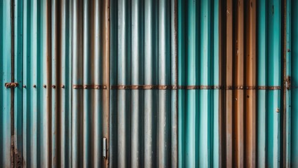 Poster - textured metallic wall with vertical corrugated panels in shades of blue and rust, showcasing weathe