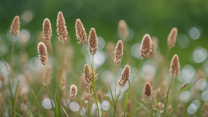 Aufkleber - Close up of brown grass flowers with bokeh effect on a soft green background showcasing nature's delicate beauty and tranquility.