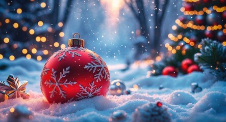 Poster - Festive Christmas scene featuring a vibrant red ornament on snow with a beautifully lit background of trees and sparkling lights.