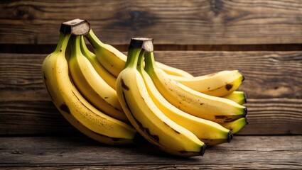 Aufkleber - Fresh ripe bananas arranged on a rustic wooden background showcasing natural textures and vibrant yellow color.
