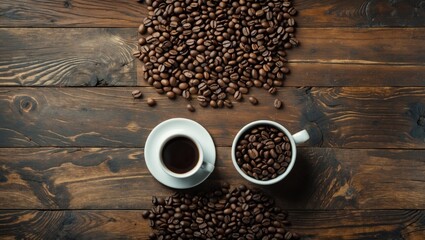 Poster - Coffee cup with coffee beans on wooden floor in top view composition ideal for beverage marketing and promotional content.