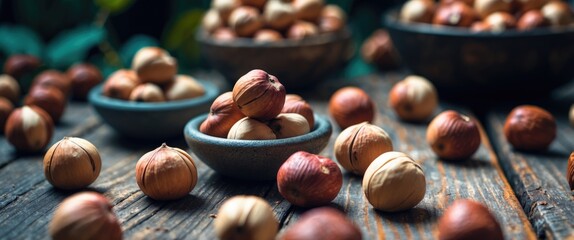 Aufkleber - Close up of fresh hazelnuts in decorative bowls on a rustic wooden table, creating a natural and organic food presentation.