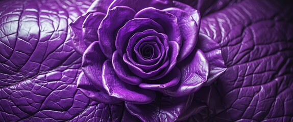 Poster - purple rose placed on textured purple leather background, capturing intricate details of both flower