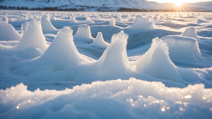 Aufkleber - Icy snow formations illuminated by sunlight, showcasing unique shapes created by wind and sun in a serene winter landscape.