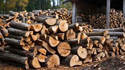 Poster - Stacked firewood drying in preparation for winter, surrounded by a rustic woodpile and forested backdrop for a cozy ambiance.