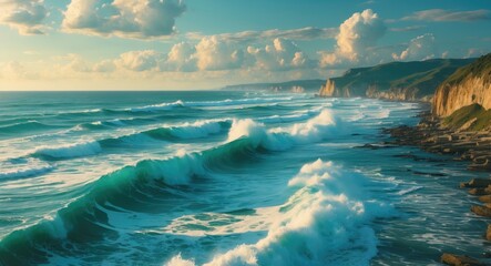 Canvas Print - Dynamic ocean waves crashing on a rocky coast under a bright summer sky showcasing vibrant seascape beauty and tranquility.