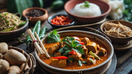 Poster - Aromatic red curry with vegetables and spices served with rice and side dishes in a vibrant Asian culinary setting