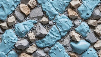 Poster - Blue paint splashes on textured stones and gravel creating an abstract background pattern.