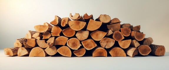 Aufkleber - Chopped oak firewood neatly stacked on a light background showcasing natural wood texture and rings perfect for seasonal decor or heating.