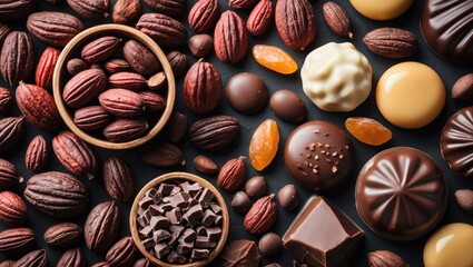 Poster - Assortment of chocolate candies with cocoa beans and nuts arranged in an appealing layout for desserts and confectionery themes.