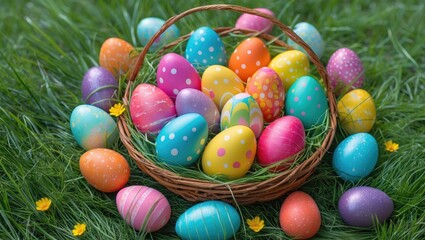 Poster - Vibrant Easter Eggs in a Basket Surrounded by Fresh Green Grass and Flowers Celebrating Spring Festivities and Joyful Traditions