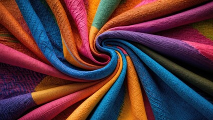 Aufkleber - Vibrant colorful fabric texture background showcasing various textile patterns and hues in a spiral arrangement for creative design use.