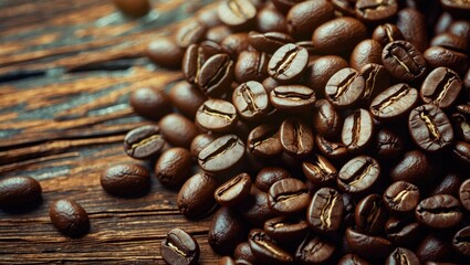 Aufkleber - Freshly roasted coffee beans scattered on rustic wooden surface, showcasing rich texture and color for beverage and culinary concepts.