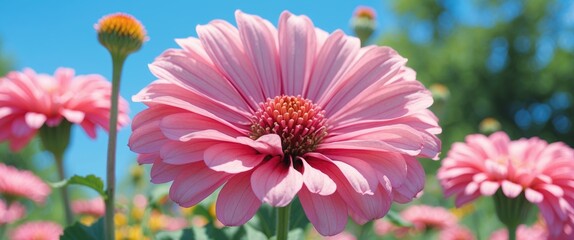 Poster - Close-up of pink gerbera daisy flower in a vibrant field with clear blue sky and green foliage in the background
