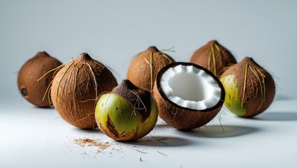 Poster - Fresh coconuts with outer husks and one coconut sliced open showcasing the inner white flesh on a clean white background.