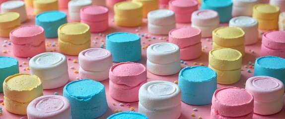 Poster - Colorful marshmallows arranged in a textured pattern on a pastel pink background, creating a vibrant and playful visual display.