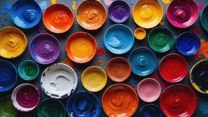 Aufkleber - Vibrant array of paint palette bowls showcasing assorted colors on textured surface perfect for artistic backgrounds and creative designs.