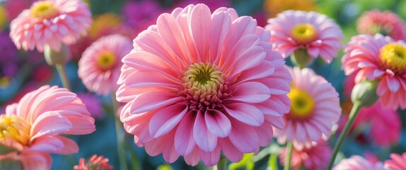 Poster - Pink flowers in a vibrant garden setting with blurred colorful blossoms in the background, showcasing nature's beauty and diversity.