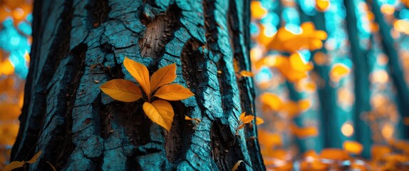 Poster - close-up of textured tree bark with vibrant autumn leaves in contrasting blue and orange tones in a 