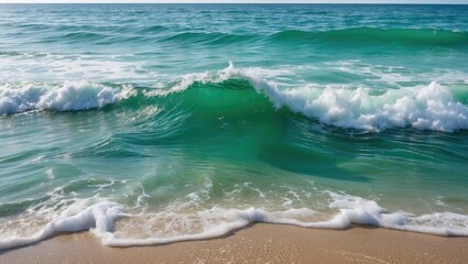 Aufkleber - Serene turquoise ocean waves gently rolling onto a sandy beach under bright sunlight.