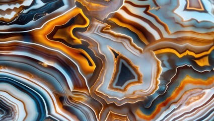 Poster - Intricate banding patterns in a polished Mexican Laguna agate showcasing vibrant hues of orange, blue, and brown natural stone textures.