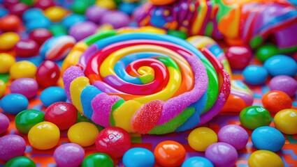 Poster - Vibrant assortment of colorful candies and lollipops arranged playfully on a bright patterned background enticing sweet indulgence.