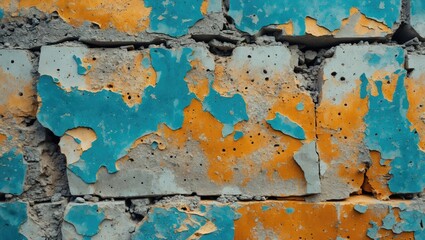 Poster - old textured wall with blue and orange peeling paint revealing gray concrete underneath