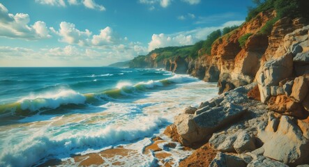 Aufkleber - Serene summer seascape showcasing waves crashing against rugged cliffs under a clear blue sky with fluffy clouds and golden sands.